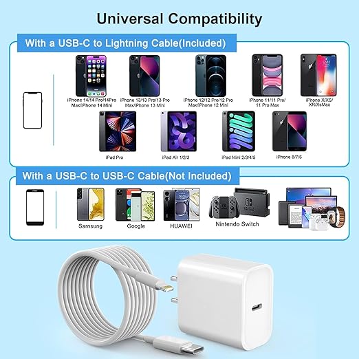 Extra Long 10FT Apple Fast Charger,[Apple MFi Certified]2Pack Fast iPhone Charger Travel Plug Adapter 20W Super Quick USB C Wall Block 10Foot Lightning Cable Cord for iPhone 14/13/12/11/8/X/XR/SE/iPad