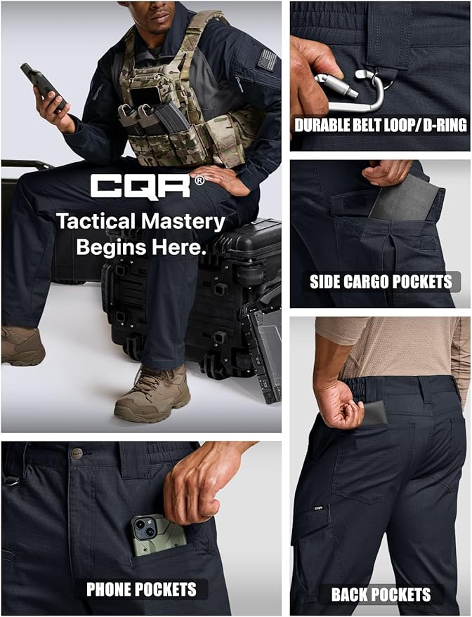 CQR Men's Flex Ripstop Tactical Pants, Water Resistant Stretch Cargo Pants, Lightweight EDC Hiking Work Pants