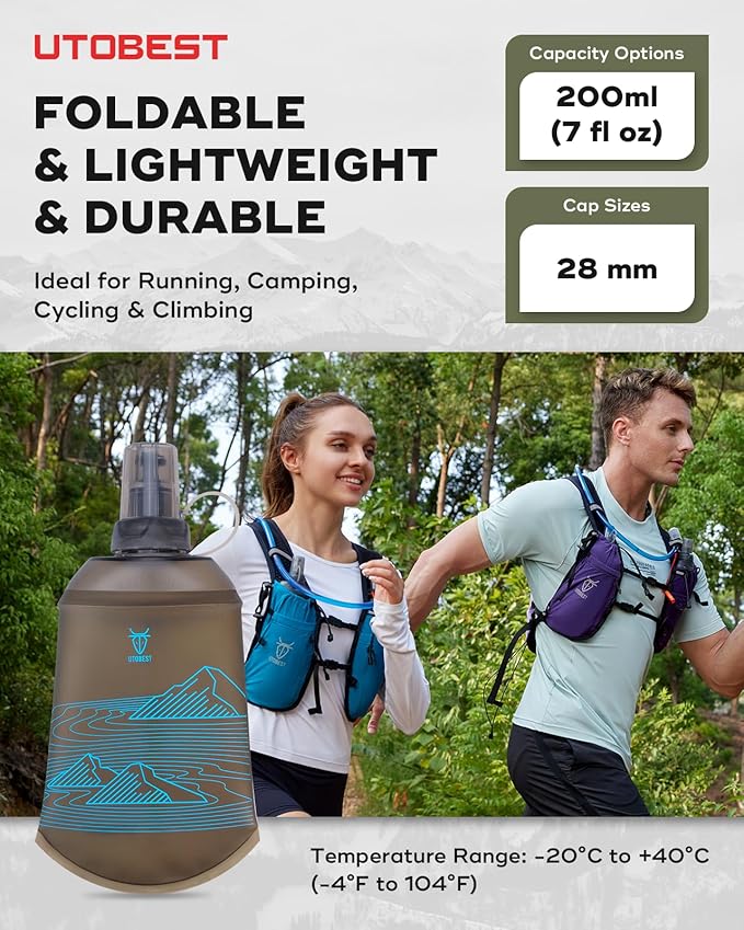 UTOBEST 200ml Soft Flask, 2 Pack Flexible TPU Hydration Water Bottle, Collapsible with 28mm Caliber for Running, Hiking, Cycling, Climbing, and Marathon Blue