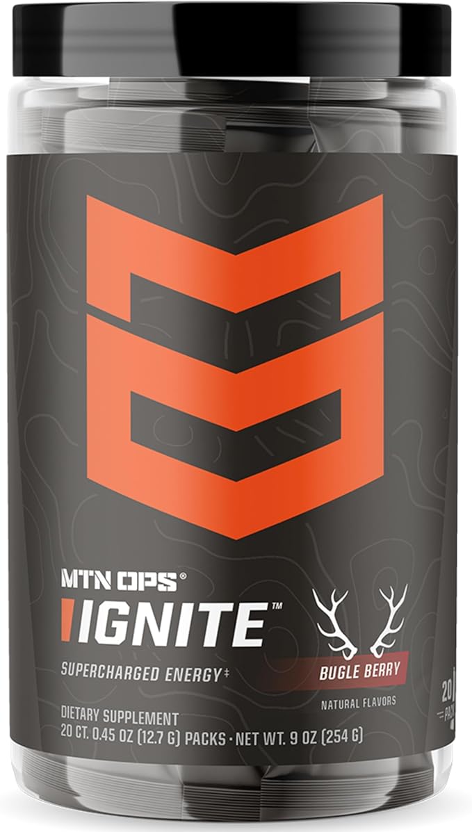 MTN OPS Ignite Trail Packs Energy Drink Powder, Gluten Free Nootropic Supplement Drink Mix, L Arginine, L Citrulline, Caffeine & Nootropic Sugar Free Drink Mix, 20 Servings, Bugle Berry