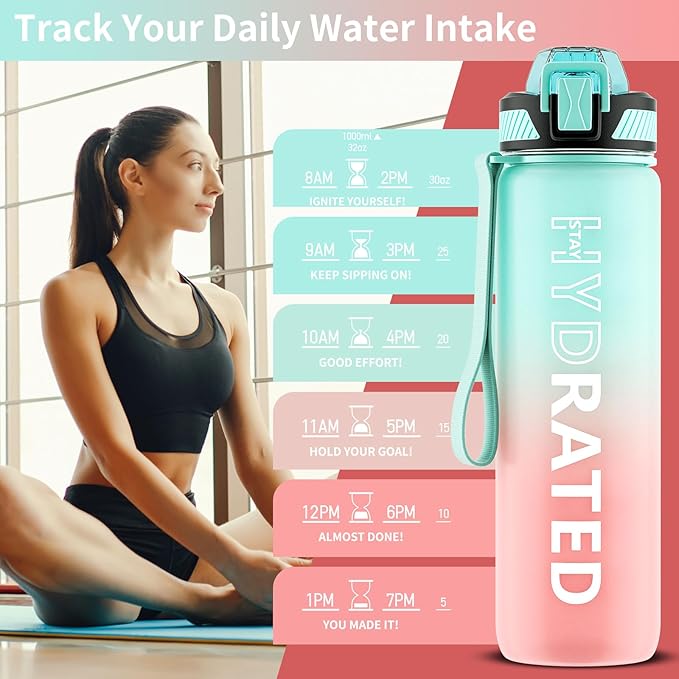QLUR Water Bottle with Straw, 32oz Motivational Water Bottles with Time Marker to Drink, Tritan BPA Free, 1L Sports Water Bottle with Carry Strap LeakProof for Women Gym Fitness Outdoor (1 Pack)