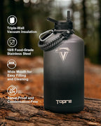 128 oz Insulated Water Bottle,One Gallon Water Flask Stainless Steel Vacuum, Cold for 48 Hrs,BPA-Free & Leakproof -with Paracord Handle, Strap,Straw Spout Lids,Large Jug for Gym,Grey
