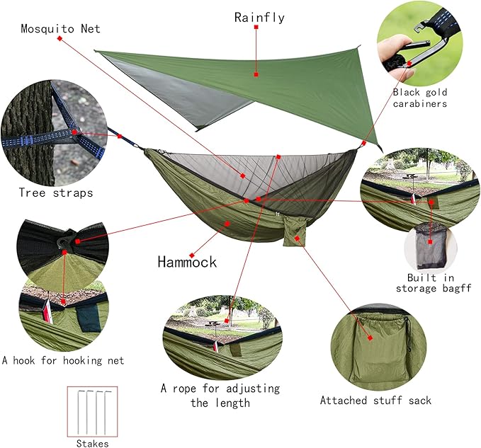 YCD Portable Camping Hammock Set,Single Double Hammock,Insect-Proof net,Rain Fly Tarp,high-Strength Parachute Cloth Hammock,Backpack Hiking Courtyard Outdoor Activities.
