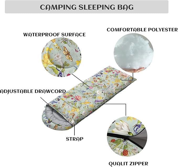 Sleeping Bags for Adults and Kids，3D Printing Camping Sleeping Bag for Girls Boys Lightweight Waterproof Cold/Warm 3-Season，Outdoor Travel with Compression Bags