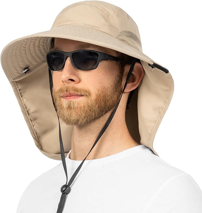 SUN CUBE Wide Brim Sun Hat with Neck Flap, UPF50+ Hiking Safari Fishing Hat for Men Women, Sun Protection Beach Hat
