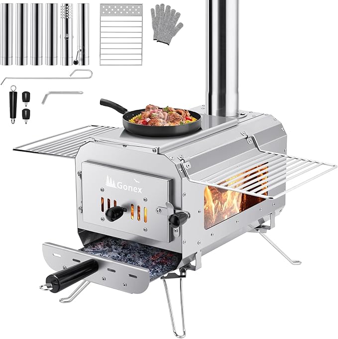 Gonex Hot Tent Stove, Portable Wood Burning Camping Stove with Ash Drawer & Large Firebox for Tent, Outdoor, Heating, Cooking, Ice Fishing