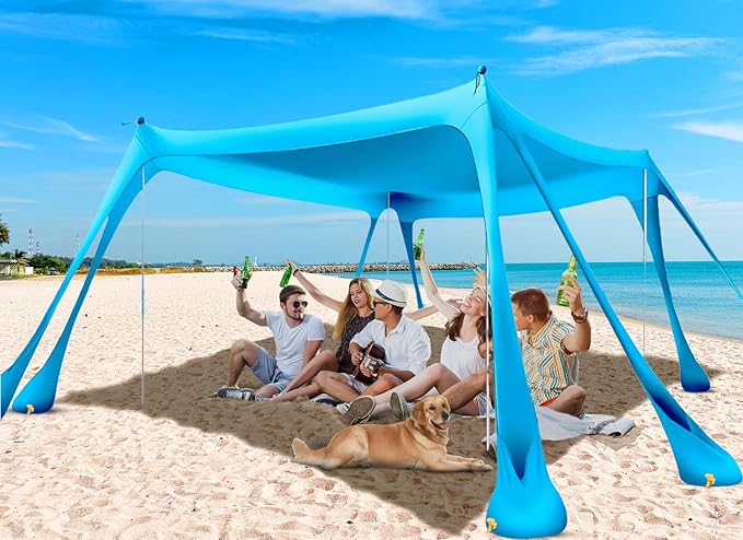 Beach Tent Sun Shelter & Portable Beach Canopy UPF50+ Uv Protection, Beach Shade Canopy/Cabana with 8 Sandbags, 4 Stability Poles, Sand Shovel Ground Pegs for Outdoor Camping