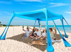 Beach Tent Sun Shelter & Portable Beach Canopy UPF50+ Uv Protection, Beach Shade Canopy/Cabana with 8 Sandbags, 4 Stability Poles, Sand Shovel Ground Pegs for Outdoor Camping