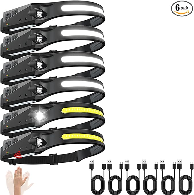 Rechargeable Headlamps 6 Packs, 230° Wide Beam LED Soft Head Lamp for Adult, Motion Sensor Headlamps with 5 Modes for Hand Free, Bright Head Lights for Forehead, Hard Hat, Camping, Reading