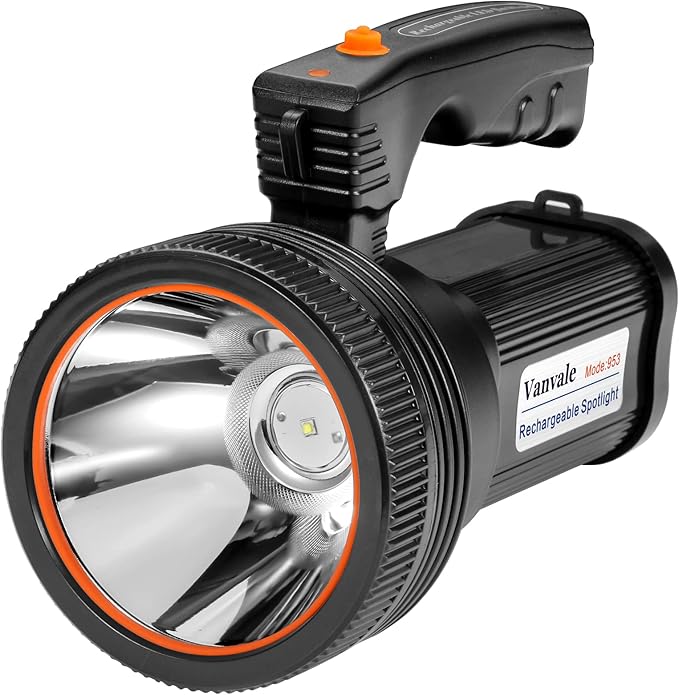 Rechargeable Searchlight Handheld LED Tactical Flashlight with Handle Spotlight High-Power Super Bright Torch with USB Output Torch (Black)