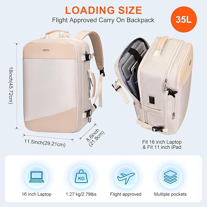 PIJUSHI Travel Backpack for Women Carry on Suitcase Backpack Flight Approved Personal Item Bag Fits 16 Inch Laptop(PE035 Beige)