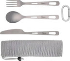 Titanium Camping Utensils Spoon Fork Knife Set Lightweight Camping Cutlery, Travel Utensil Cutlery Set Travel Silverware Set with Carrying Bag and Carabiner for Backpacking Hiking