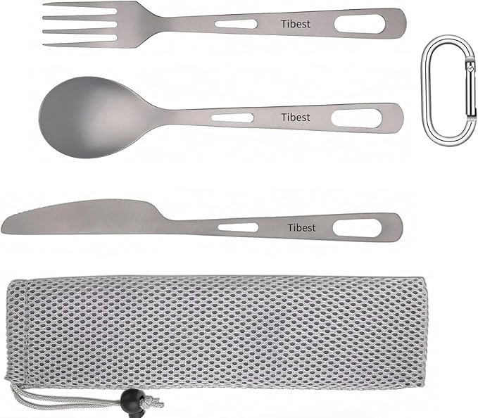 Titanium Camping Utensils Spoon Fork Knife Set Lightweight Camping Cutlery, Travel Utensil Cutlery Set Travel Silverware Set with Carrying Bag and Carabiner for Backpacking Hiking