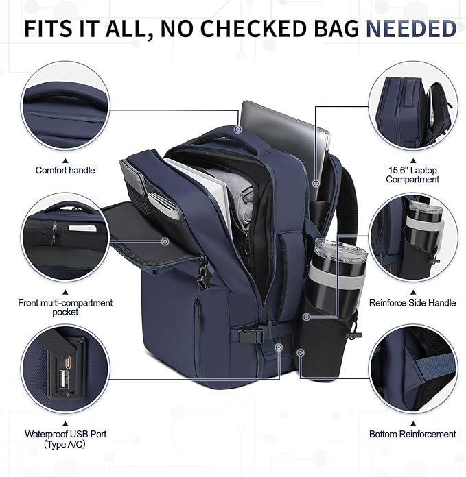 Lay Flat Carry on Travel Backpack, 30L Airline Approved, Fits 16" Laptop, USB-C & USB-A, Water Resistant, Gray