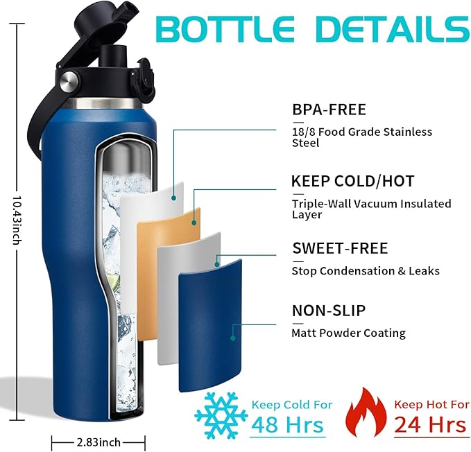 32 oz Water Bottles with Straw & Spout Lid - Keep Cold 48h & Hot 24h Vacuum Slim Metal Insulated Flask Fits in The Car, Bike, Treadmill, Stroller, Golf Cart Cup Holder, Travel Coffee Mug