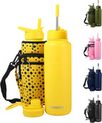 40 Oz Water Bottle with Strap Stainless Steel Sports Water Bottle with 3 Lids (Straw, Chug and Flip Lid) Insulated Leak Proof Metal Jug for Men & Women - Yellow