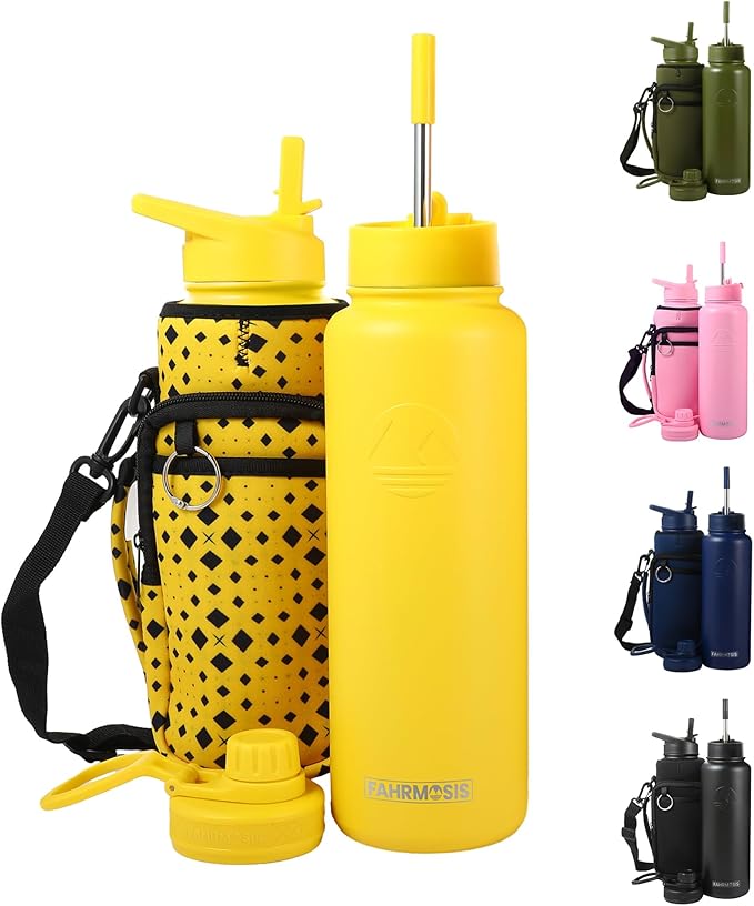 40 Oz Water Bottle with Strap Stainless Steel Sports Water Bottle with 3 Lids (Straw, Chug and Flip Lid) Insulated Leak Proof Metal Jug for Men & Women - Yellow
