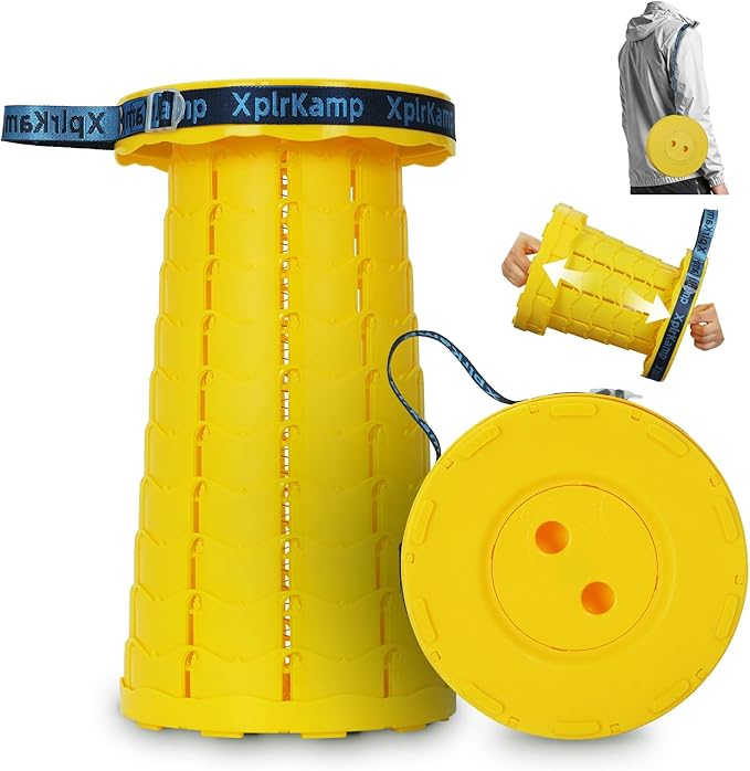 Retractable Folding Stool - Heavy Duty 400 lb Collapsible Portable Stool for Camping, Hiking, Fishing, Indoor/Outdoor with Non-Slip Base and Lightweight Design (Yellow，1-Pack)