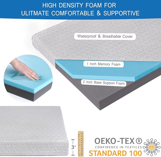 Memory Foam Camping Mattress Pad 3 Inch Thick, Portable Sleeping Pad with Waterproof Cover, Portable Roll Up Cot Mattress Pad Floor Mat for Travel Truck Bed Tent, 72"×24"×3", Light Gray