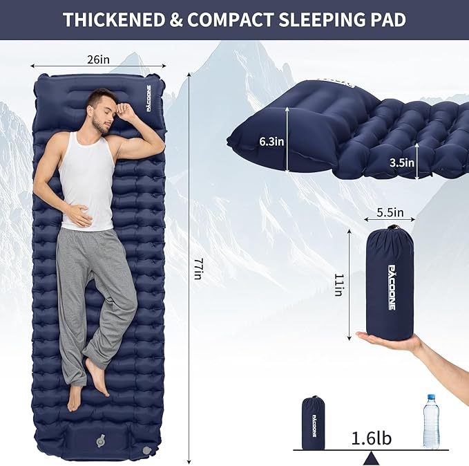 Camping Sleeping Pad, Connectable Design for Double Mat, Ultralight Inflatable Sleeping Mat with Pillow, Built-in Foot Pump, Portable Camping Air Mattress for Backpacking Hiking Tent (Navy)