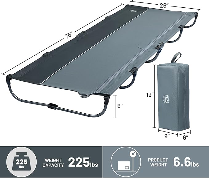 TIMBER RIDGE Lightweight Aluminum Camping Cot, 20-Second Quick Set-Up Folding Cot with Zipper Closure, Portable Carry Bag Included for Camping, Travel and Outdoors, Support up to 225lbs, Grey