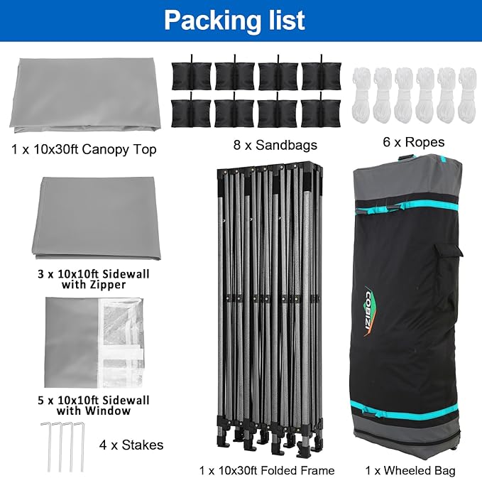 COBIZI 10x30 Pop up Canopy Tent 10x30 Canopy with 8 Sidewalls Waterproof Heavy Duty Commercial Canopy Tent for Parties Outdoor Tent Garden Gazebo Tent, Carry Bag with Wheel(10x30ft, Gray)