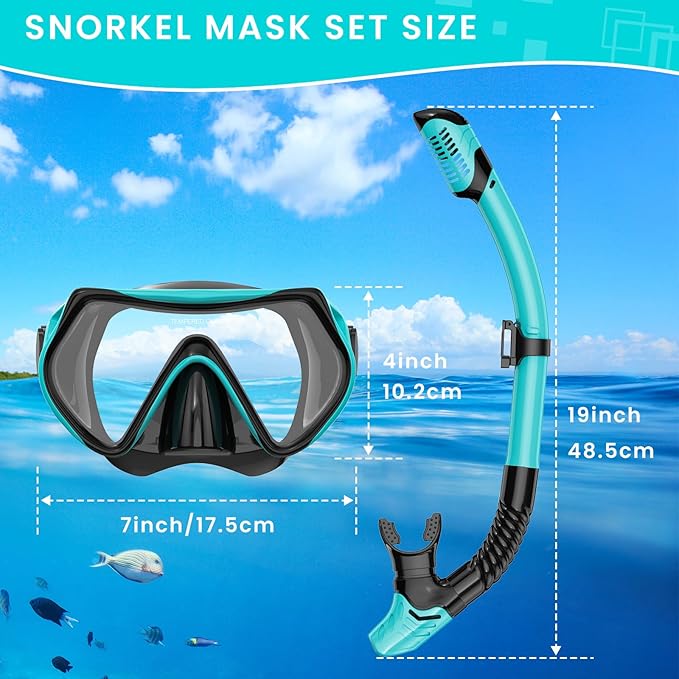Snorkeling Gear for Adults, Adult Snorkel Mask Set Scuba Diving Dry-Top, Swimming Goggles w/Nose Cover, HD Tempered Glass Panoramic Anti-Leak Anti-Fog, Travel Snorkeling Packages Storage Bag, 2 Pack