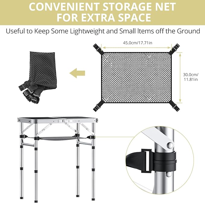 2ft Camping Table Foldable, 3 Adjustable Heights 26.3" Aluminum Small Folding Table with Storage Net, Lightweight, Portable Handle for Travel Outdoor Beach Picnic, 23.2" x 16", Black