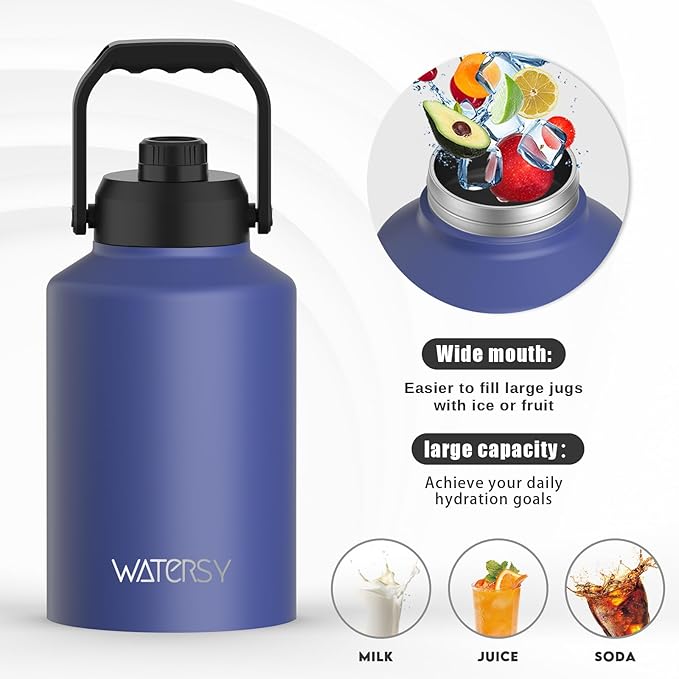 WATERSY 1 Gallon Water Bottle Insulated(Cold for 48 Hrs),BPA Free&Leak Proof,128oz Stainless Steel Water Jug,Big thermo,Large Water Bottle with Handle for Gym,Hiking,Camping&Travel,Deep Blue