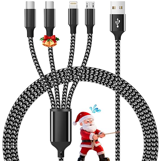 Multi Charging Cable,Dual Type-C Multiple Charger Cable Nylon Braided 4 in 1 Multi USB Cable Charging Cord with IP/Type C/Micro USB Ports for Cell Phones/iPhone/Tablets/Galaxy & More-1Pack 5Ft
