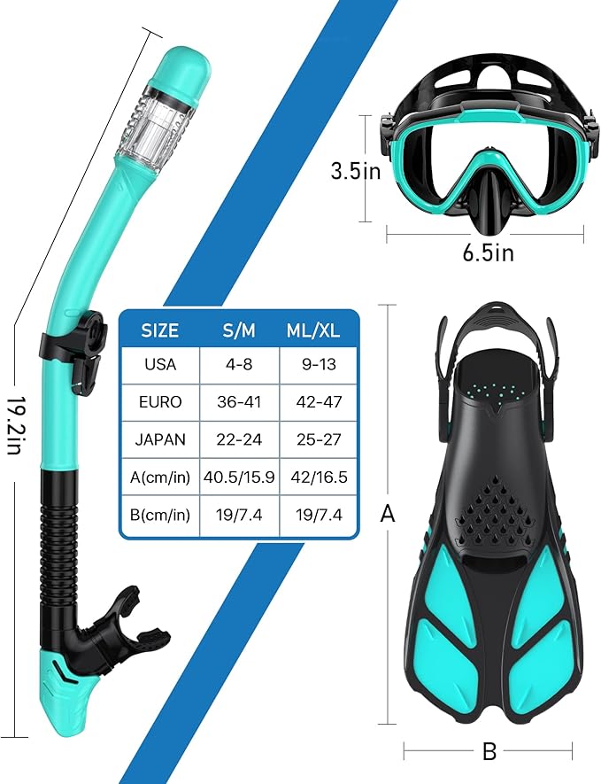 Snorkeling Gear for Adults Men Women,4 in 1 Snorkel Set with Panoramic View Diving Mask Anti-Fog Anti-Leak,Dry Top Snorkel,Fins and Travel Bag for Swimming,Snorkeling and Travel Diving