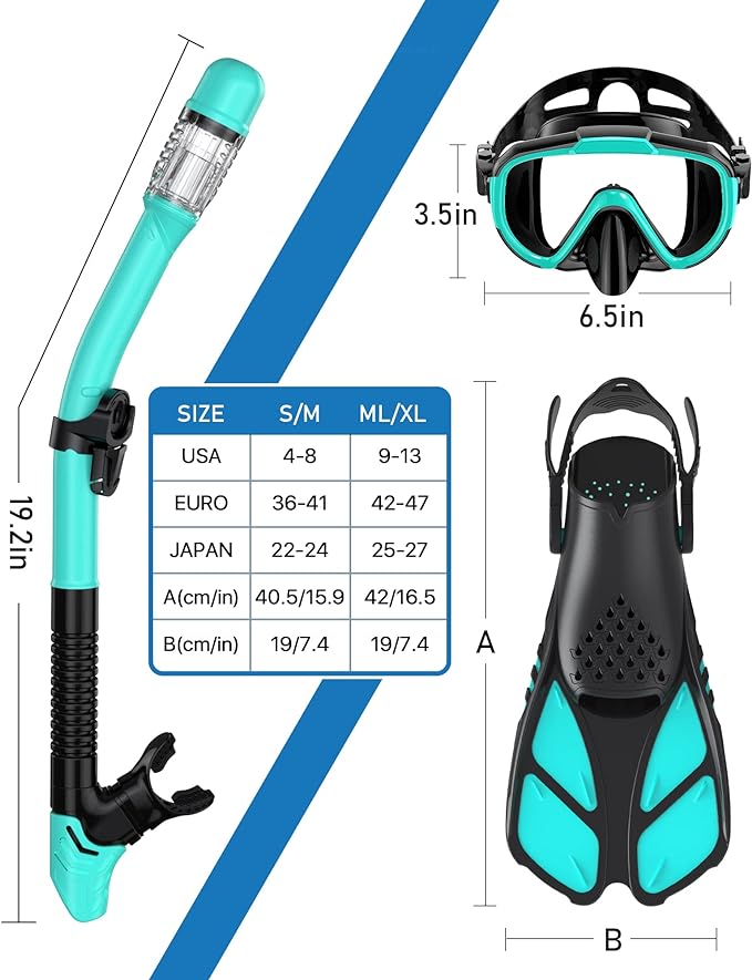 Ubekezele Snorkeling Gear for Adults Men Women,4 in 1 Snorkel Set with Panoramic View Diving Mask Anti-Fog Anti-Leak,Dry Top Snorkel,Fins and Travel Bag for Swimming,Snorkeling and Travel Diving
