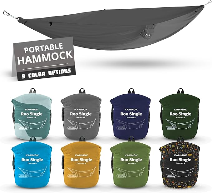 KAMMOK: Roo Single Hammock | Made from Strong & 100% Recycled Water Resistant Ripstop Fabric | Comfortable, Packable, Lightweight (Lifetime Adventure Grade Warranty), Granite Gray