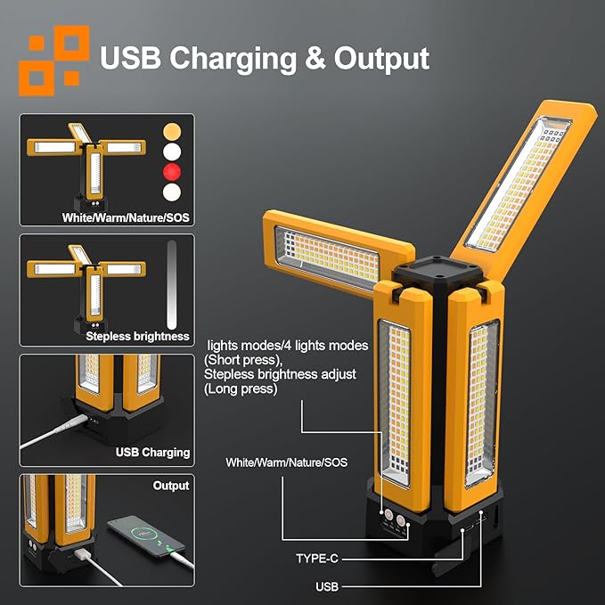 13200mAh Rechargeable Solar Work Light,IPX4 Waterproof with Folding Stand Support and Portable Carrying Bag, 8000 Lumen Stepless Dimmable, 4 Lighting Modes, White/Warm/Warm White (Standard)