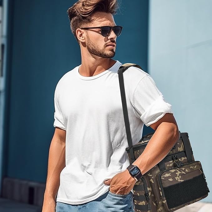 Tactical Lunch Box for Men, Insulated Bag Adult, Thermal Lunchbox Leakproof Waterproof Cooler Bag, Dual Compartment Tote, Large Pail Work Office Camping Travel(Black Camo)