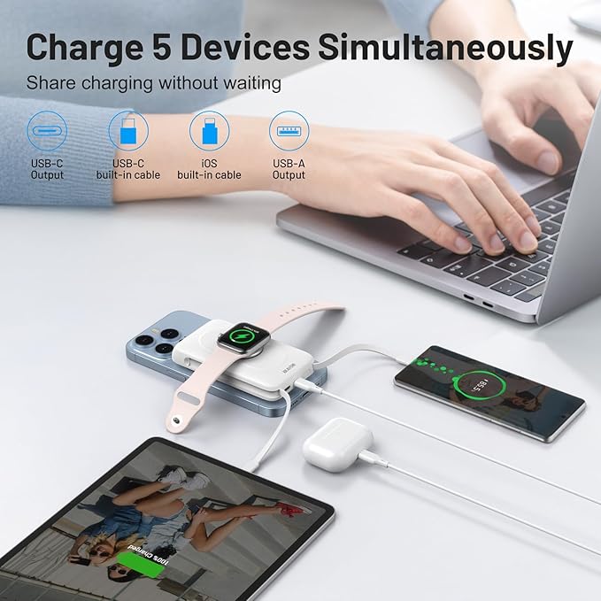 BLAVOR for Magsafe Portable Charger with Built-in Cables, 20W Fast Charging, 10000mAh Magnetic Wireless Power Bank, Battery Pack with Stand for iPhone 16/15/14/13/12, Powerbank for Apple Watch(White)