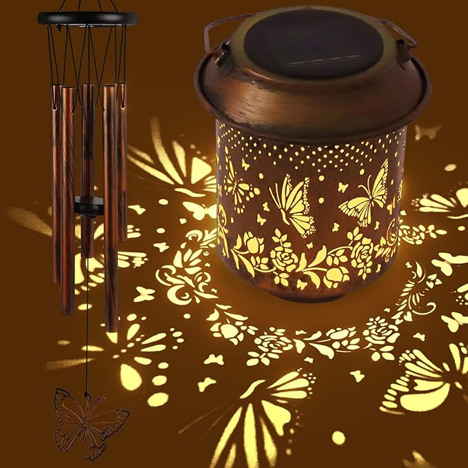 Solar Lanterns with Wind Chimes - Garden Decor Set Includes Greeting Card & Gift Wrap Paper, Patio Yard Birthday Gifts for Women, Solar Lanterns Outdoor Waterproof (Butterfly)
