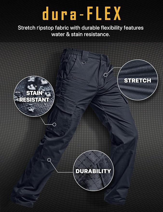 CQR Men's Flex Ripstop Tactical Pants, Water Resistant Stretch Cargo Pants, Lightweight EDC Hiking Work Pants