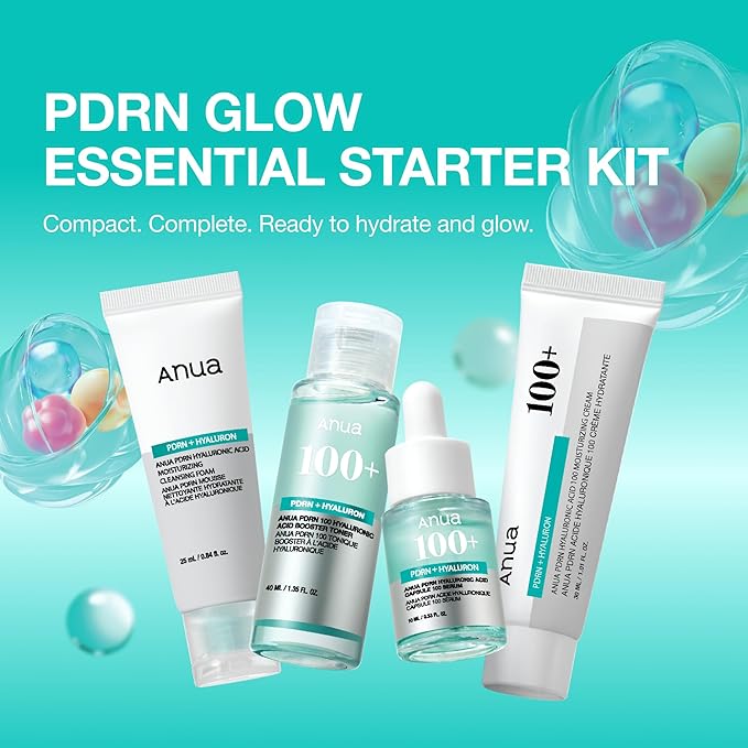 Anua Salmon DNA PDRN Glow Essential Starter Kit, Hyaluronic Acid Skincare Set, Glass Skin Routine with Firming & Hydrating Cleanser, Toner, Serum & Cream, Mini Travel Essentials, Korean Skincare Gift