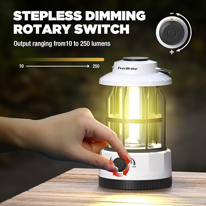 EverBrite LED Camping Lantern, USB C Rechargeable with Stepless Dimming, Vintage Portable Camping Lights & Lanterns for Power Outages, Hurricane, Emergency, Fishing, Home and More