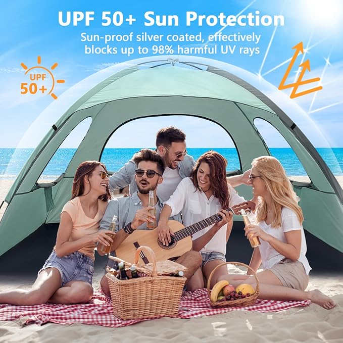 NXONE Beach Tent Sun Shade Shelter for 3/4/6 Person Person with UV Protection, Extended Floor, 3 Mesh Roll Up Windows & 8.0/8.5mm Fiberglass Rods丨Carry Bag Included