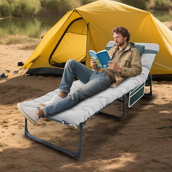 YELLOW JACKET Folding Sleeping Cot, Camping Cot with Mattress for Adults 450lbs Max Load, Portable Camping Cot with Pillow, Adjustable 5-Position Cot for Camping, Home,Office,Travel