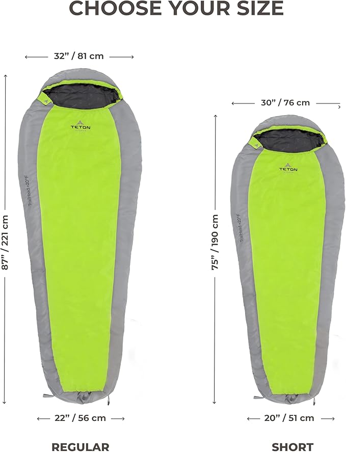 Teton 20F and 5F Degree Sleeping Bag; Lightweight, Warm Weather Mummy Sleeping Bags for Adults and Kids, Camping, Backpacking, Hiking