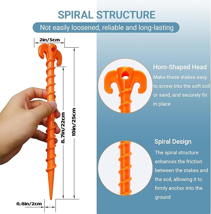 Spiral Plastic Tent Stakes 15 Pack - 10 Inch Heavy Duty Beach Tent Pegs Canopy Stakes - Essential Gear for Camping, Backpacking, Gardening and More