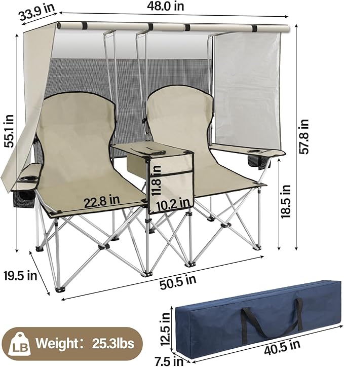 BDL Double Camping Chair with Canopy, Two Person Folding Loveseat with Shade, Heavy Duty Beach Chair with Cooler Bag, Cup Holder for Outside, Fishing, Sports, Beach-White