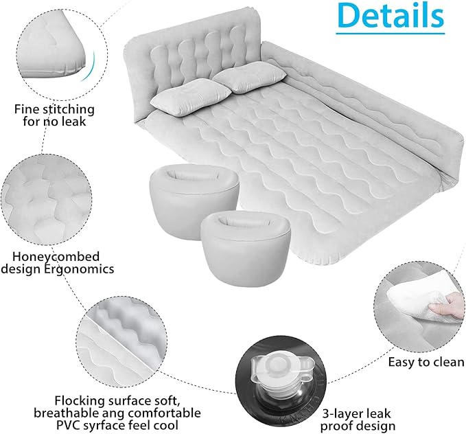 ISWEES Car Bed SUV Air Mattress, Car Air Mattress with Electric Pump, 2 Inflatable Pillows and 2 Footrests for Back Seat, Side Seat,Trunk Sleeping, Thickened Camping Bed - Grey
