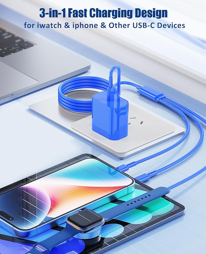 for Apple Watch Charger Fast Charging,3 in 1 Multi Chargers Cable with 20W USB C Charger, iWatch Charger Cord 6FT for iWatch Series Ultra 3/2/SE 3/11/10/9/8/7/6/5/iPhone17 15 16 Pro Max/14/13/12-Blue