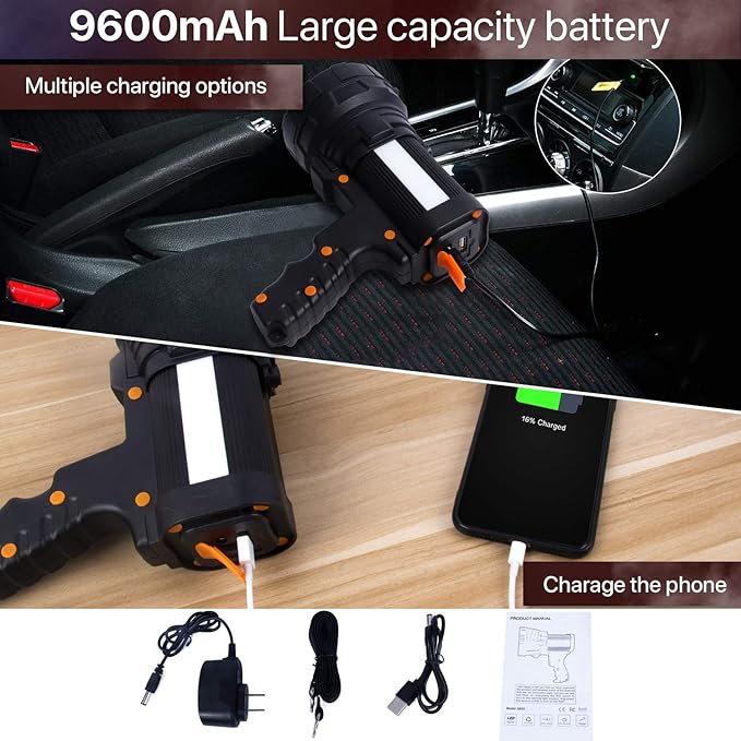 Powerful Spotlight - Super Bright 6000 Lumen Rechargeable Flashlight with 3 Light Modes, Long Battery Life, Waterproof, Durable ABS & Aluminum Alloy Construction, Adjustable Tripod & Strap
