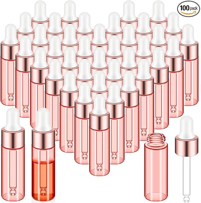 100 Pcs Mini Glass Oil Dropper Bottle Bulk, Clear Essential Small Empty Bottles Sample Containers Perfume Liquid Vials with Cap for Traveling (5 ml,Pink Body)