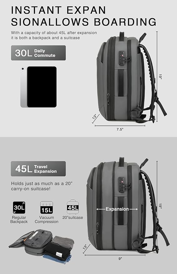Vacuum Seal Travel Backpack 45L with Pump - Expandable Air Compression System, Water-Resistant Business TSA Lock, Laptop Backpack, Carry-On Suitcase Luggage, Gifts for Men